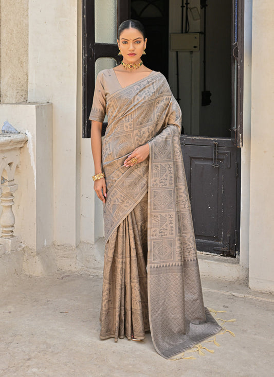 Beige Raw Silk Woven Saree For Festival