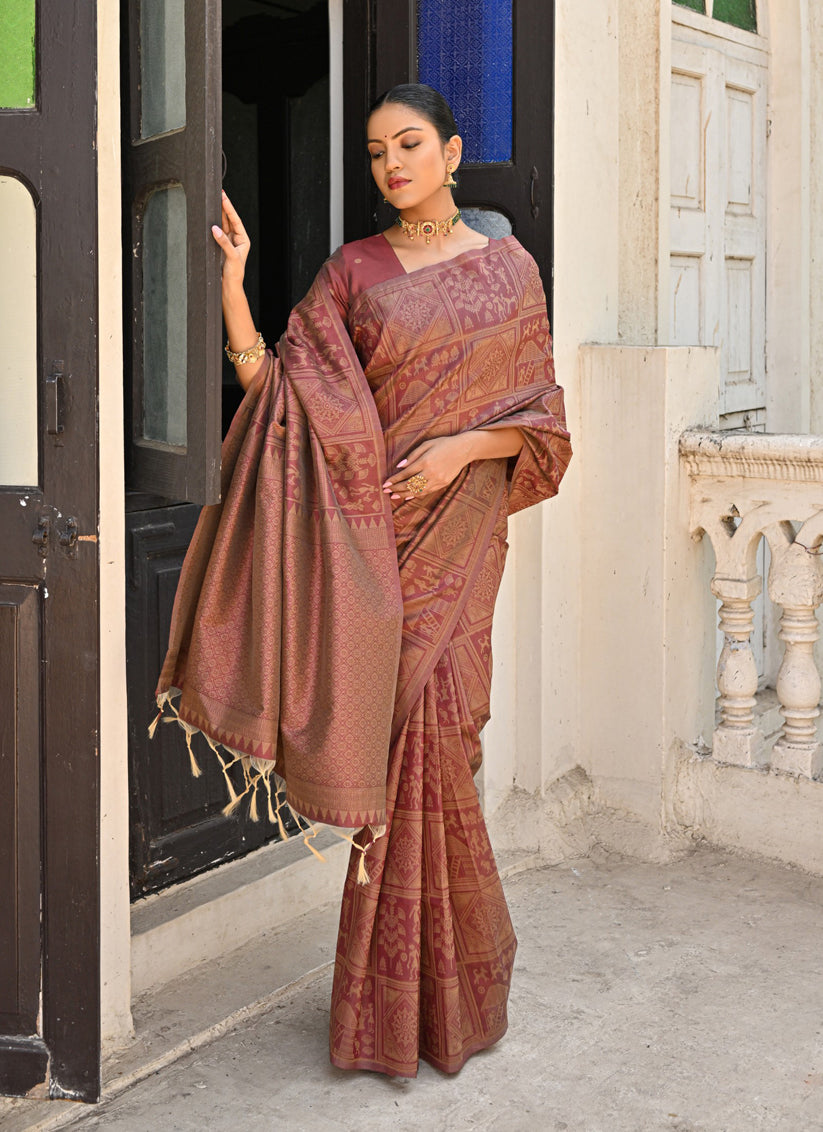 Brown Raw Silk Woven Saree For Festival