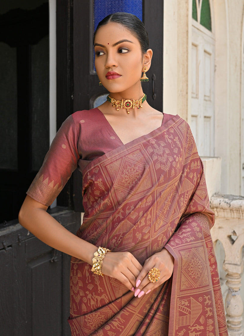 Brown Raw Silk Woven Saree For Festival