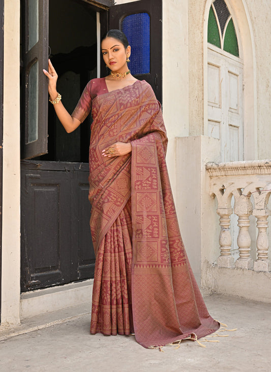 Brown Raw Silk Woven Saree For Festival