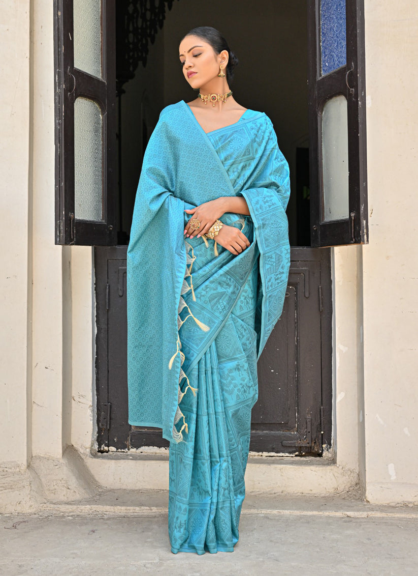 Firozi Raw Silk Woven Saree For Festival