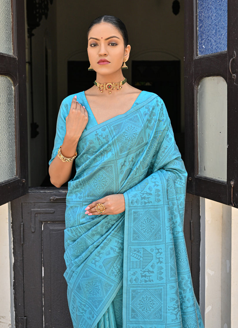 Firozi Raw Silk Woven Saree For Festival