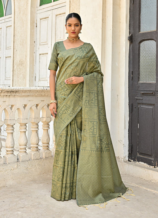 Mahendi Green Raw Silk Woven Saree For Festival