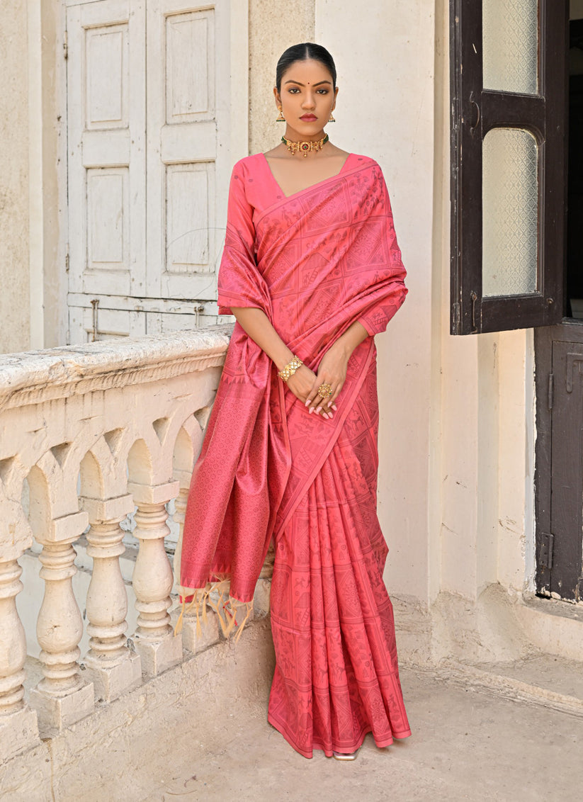 Coral Red Raw Silk Woven Saree For Festival