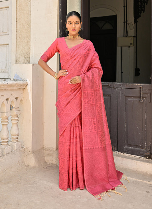 Coral Red Raw Silk Woven Saree For Festival