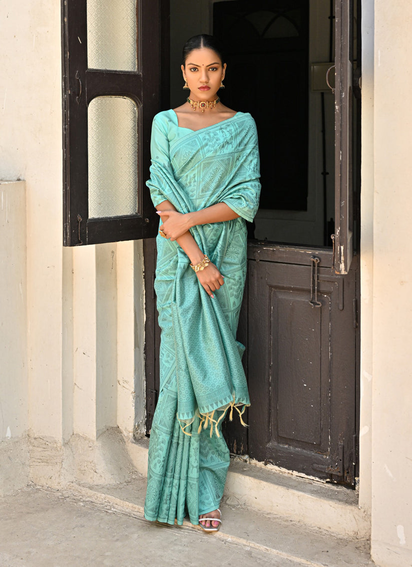 Sea Green Raw Silk Woven Saree For Festival