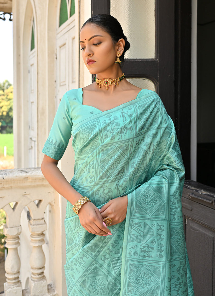 Sea Green Raw Silk Woven Saree For Festival