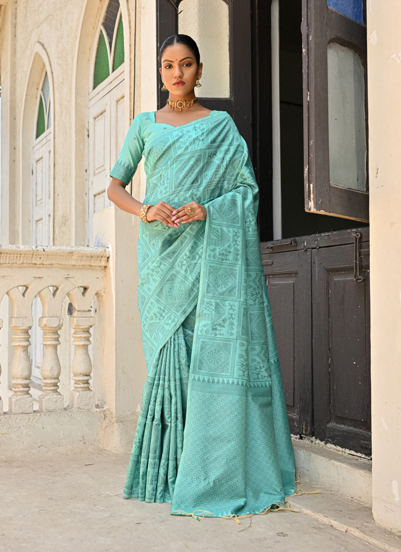 Sea Green Raw Silk Woven Saree For Festival