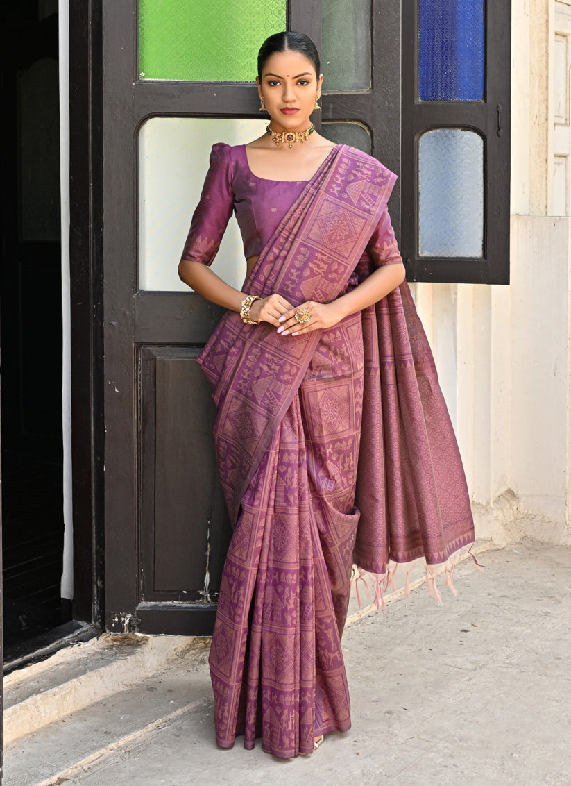 Purple Raw Silk Woven Saree For Festival