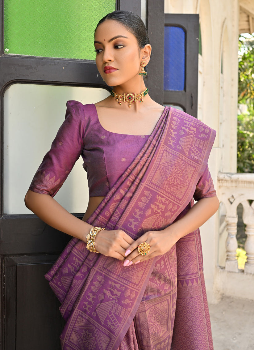 Purple Raw Silk Woven Saree For Festival