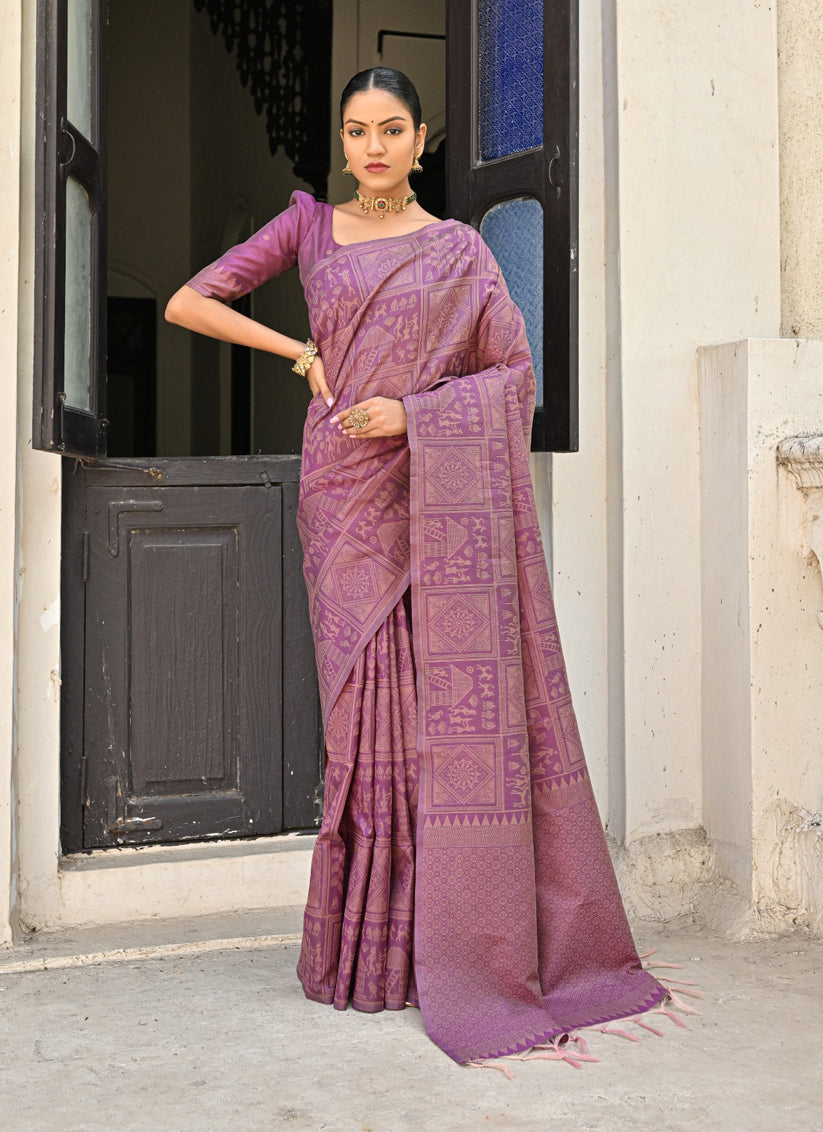 Purple Raw Silk Woven Saree For Festival