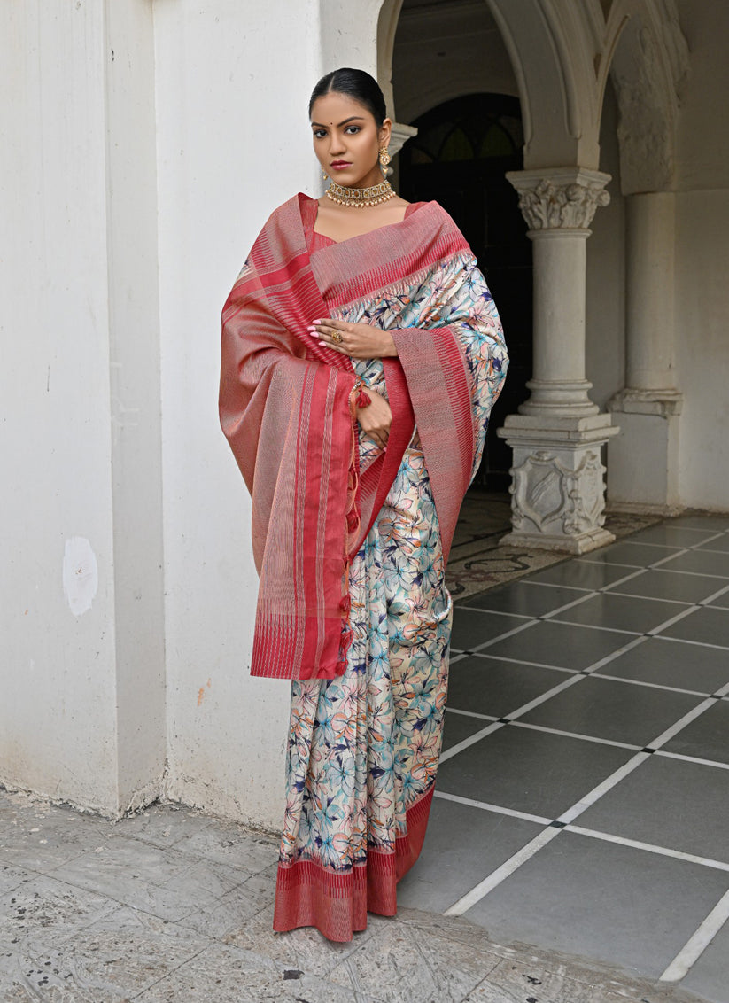 Off White Banarsi Silk Floral Printed Woven Saree