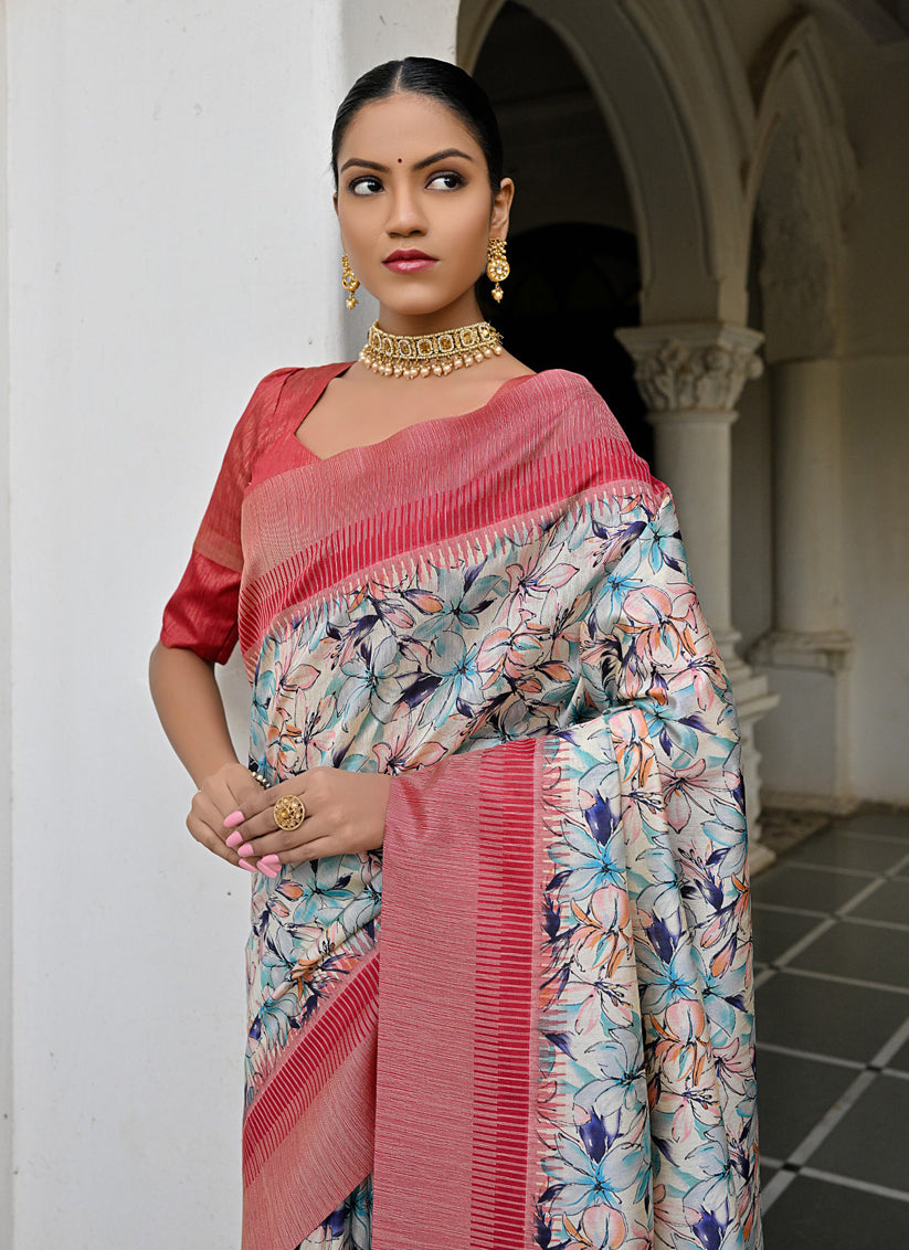 Off White Banarsi Silk Floral Printed Woven Saree