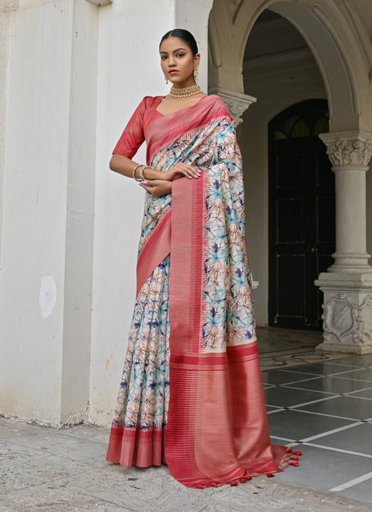 Off White Banarsi Silk Floral Printed Woven Saree