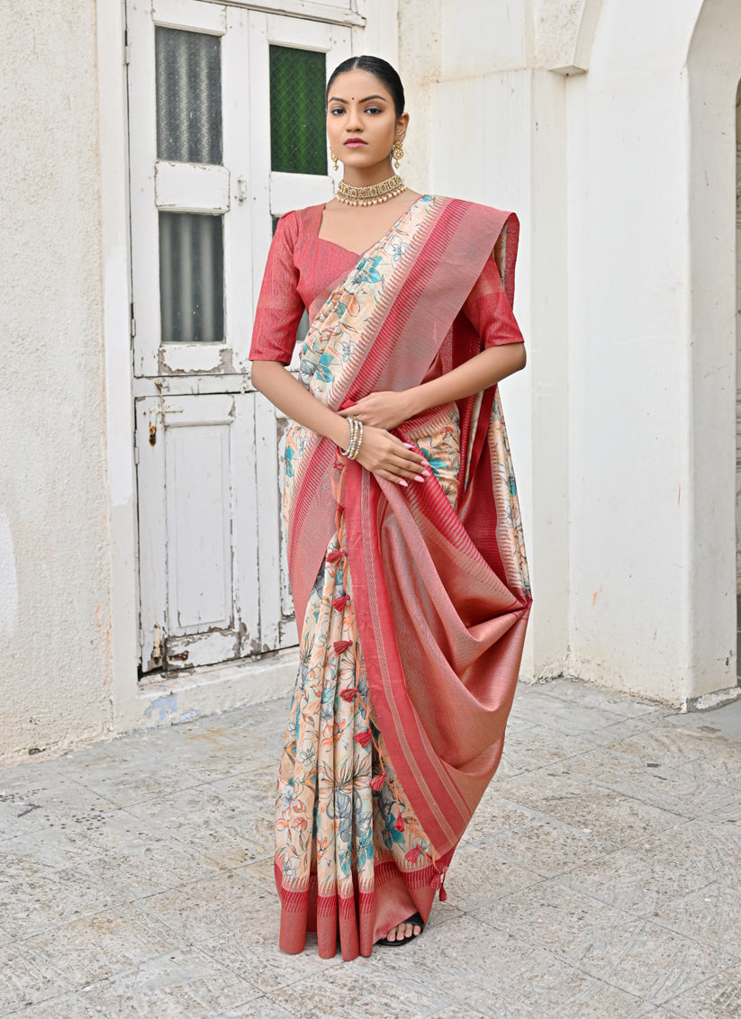 Off White Banarsi Silk Floral Printed Woven Saree