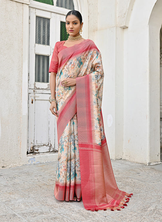 Off White Banarsi Silk Floral Printed Woven Saree