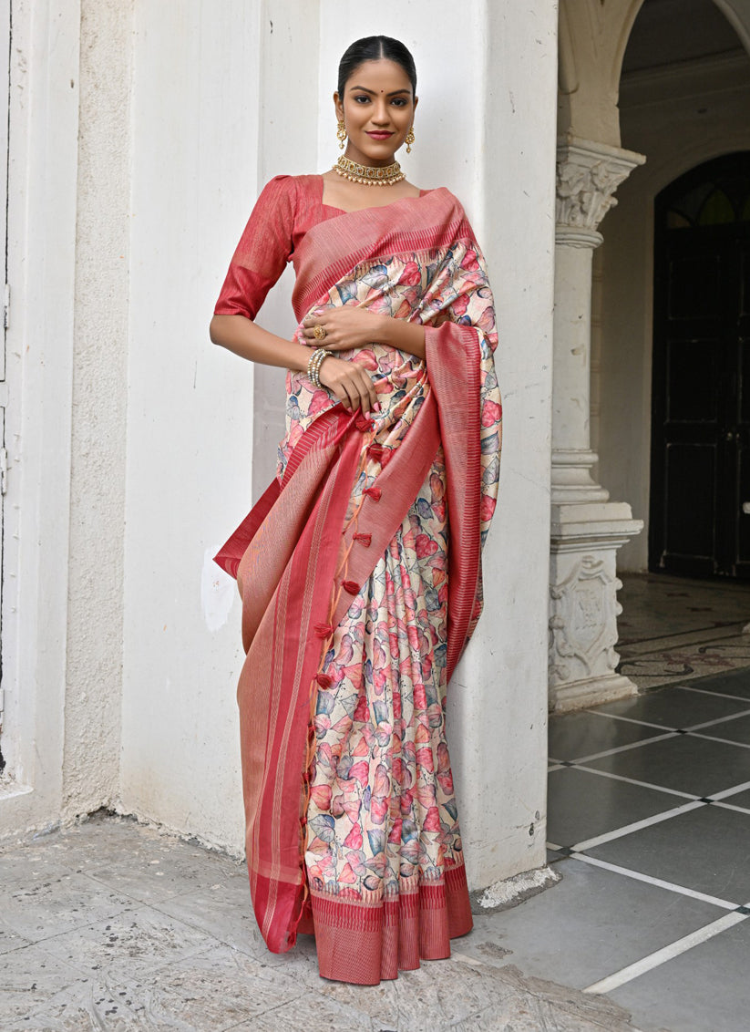 Off White Banarsi Silk Floral Printed Woven Saree