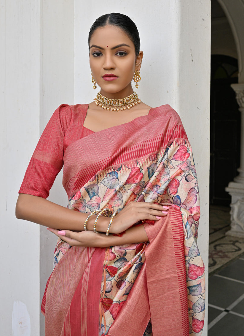 Off White Banarsi Silk Floral Printed Woven Saree