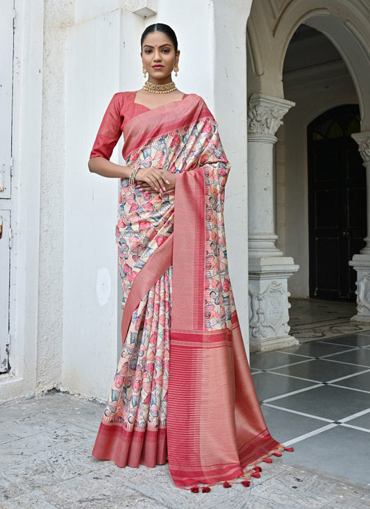 Off White Banarsi Silk Floral Printed Woven Saree