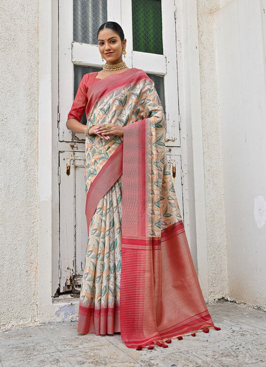 Off White Banarsi Silk Floral Printed Woven Saree