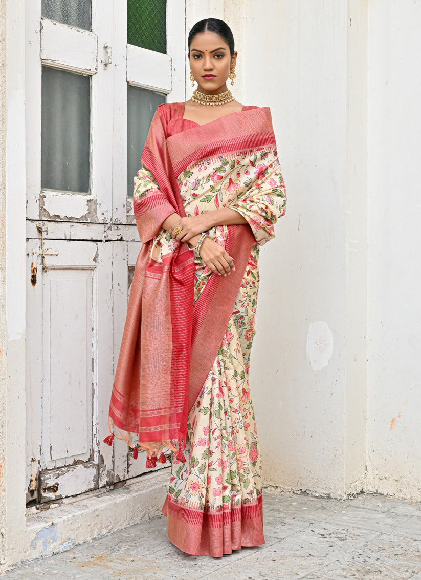 Off White Banarsi Silk Floral Printed Woven Saree