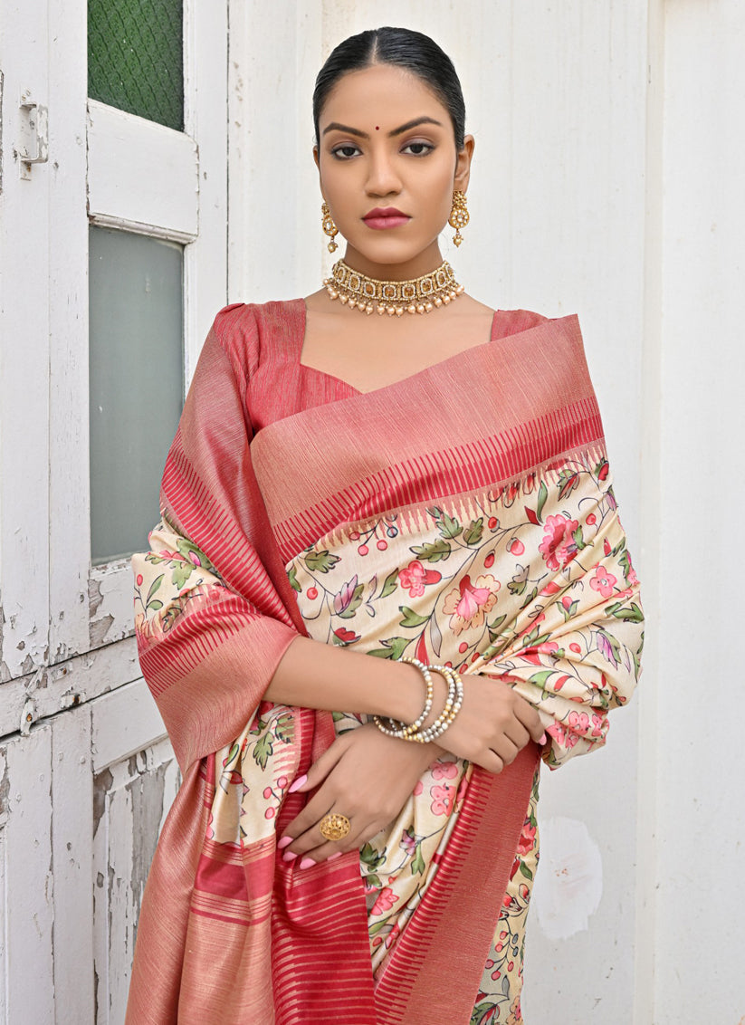 Off White Banarsi Silk Floral Printed Woven Saree