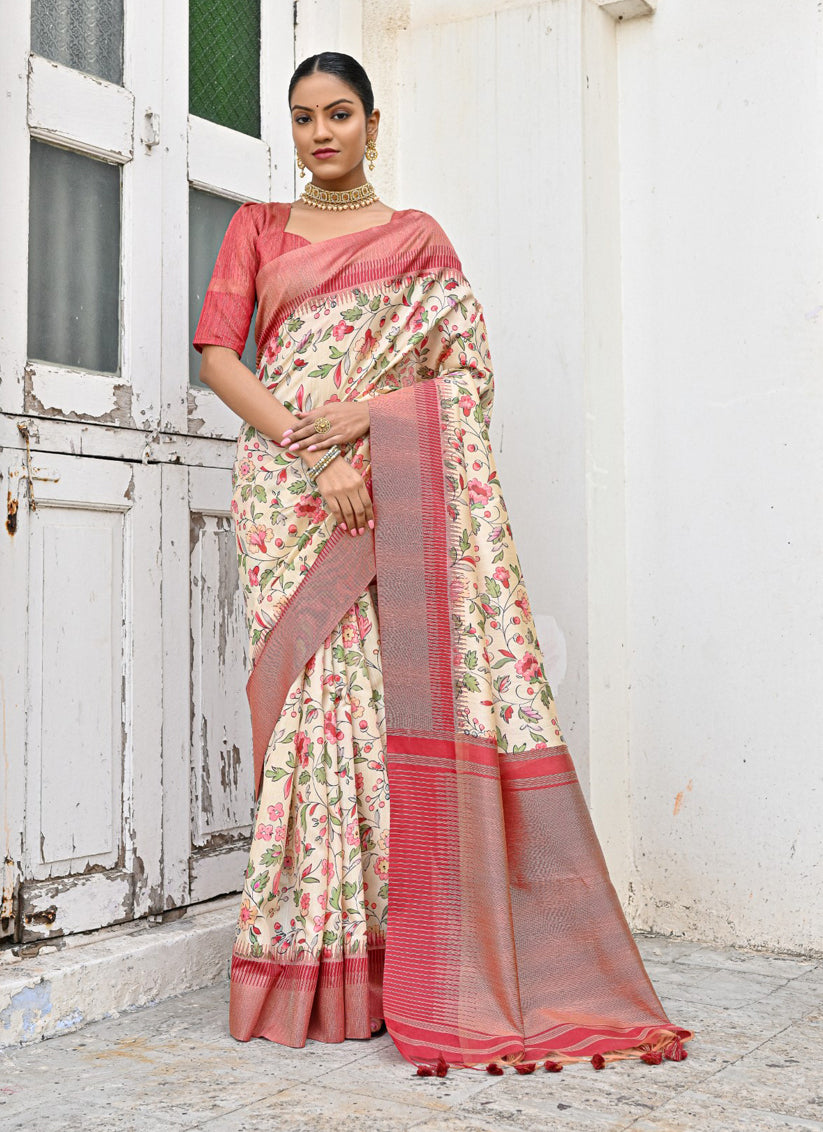 Off White Banarsi Silk Floral Printed Woven Saree