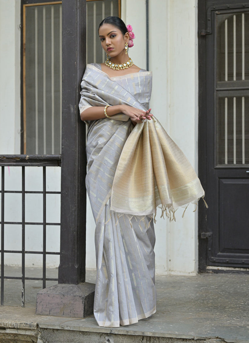 Grey Tussar Silk Zari Woven Saree For Festival