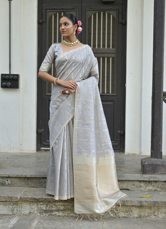 Grey Tussar Silk Zari Woven Saree For Festival