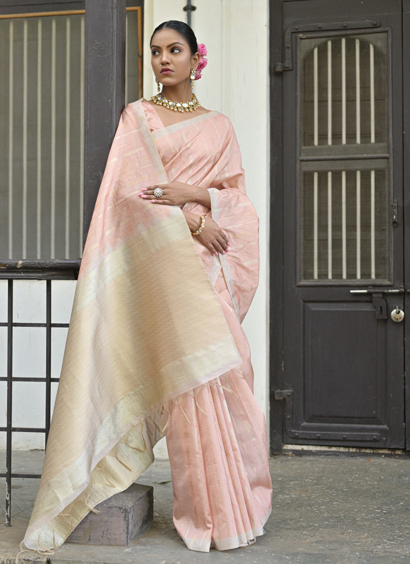 Peach Tussar Silk Zari Woven Saree For Festival