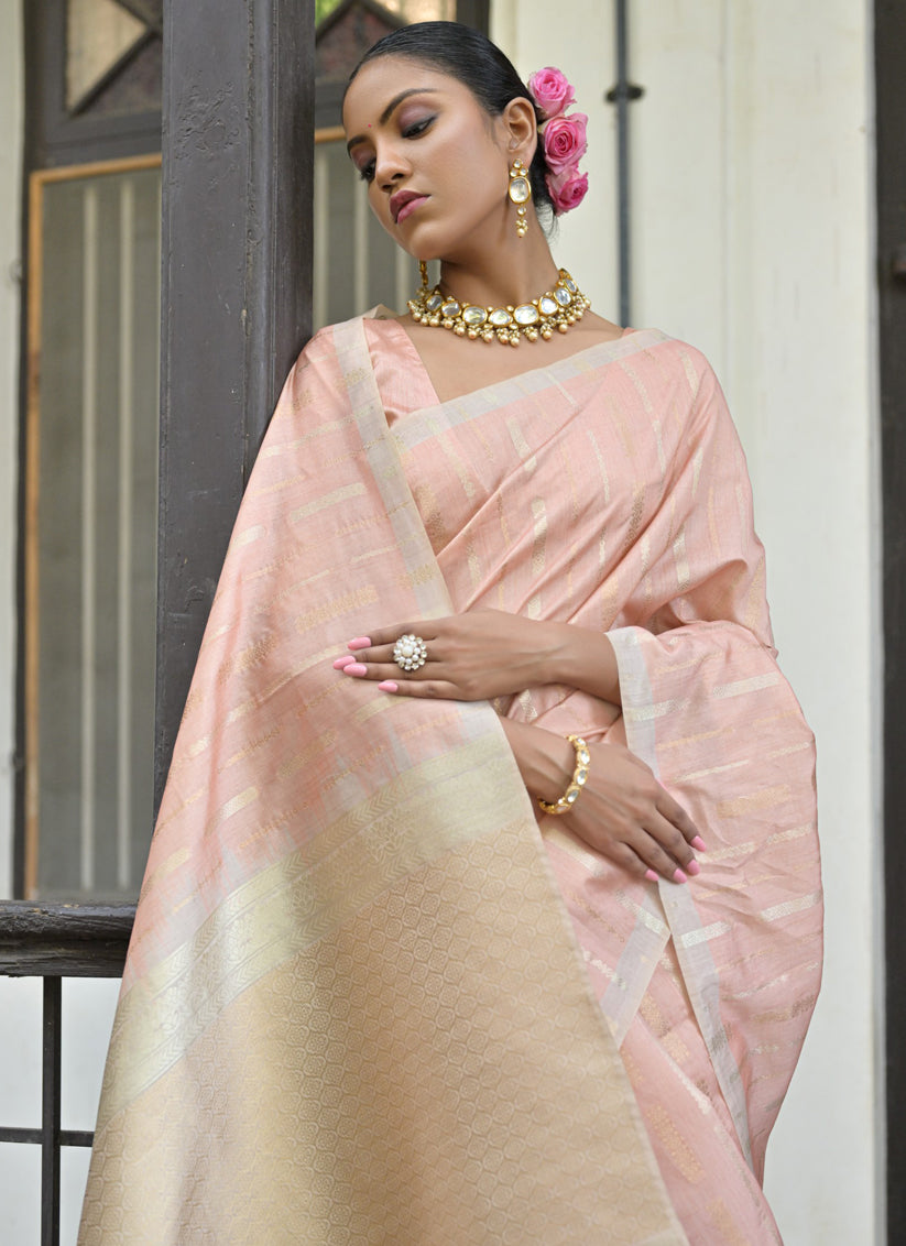 Peach Tussar Silk Zari Woven Saree For Festival