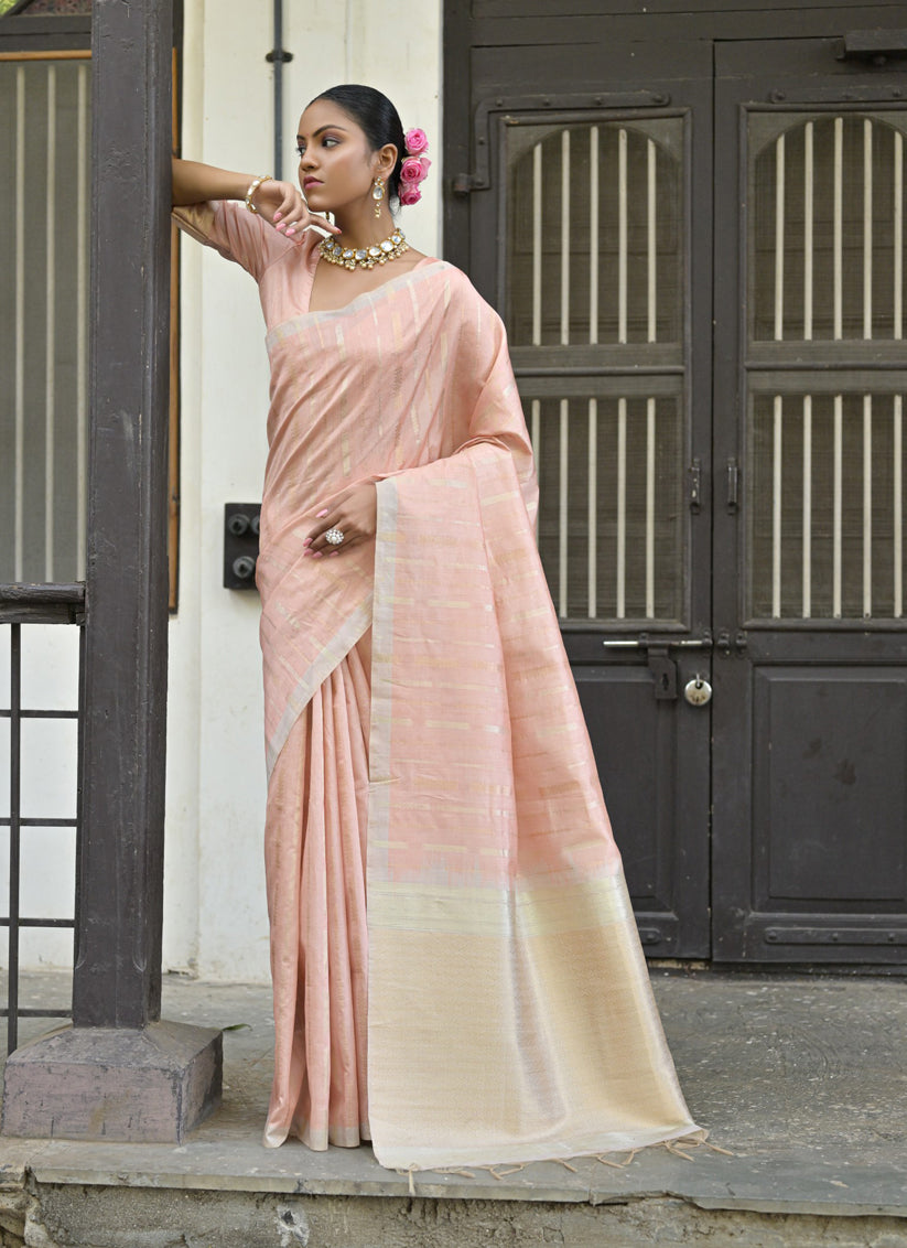 Peach Tussar Silk Zari Woven Saree For Festival