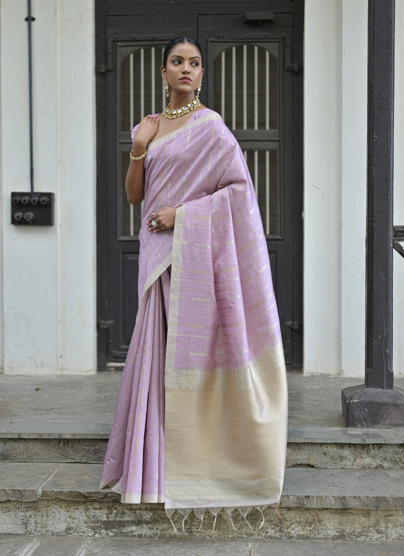 Lavender Tussar Silk Zari Woven Saree For Festival