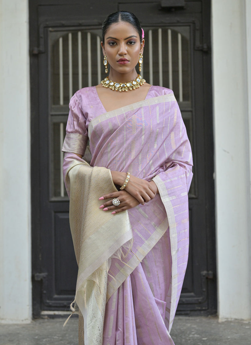 Lavender Tussar Silk Zari Woven Saree For Festival