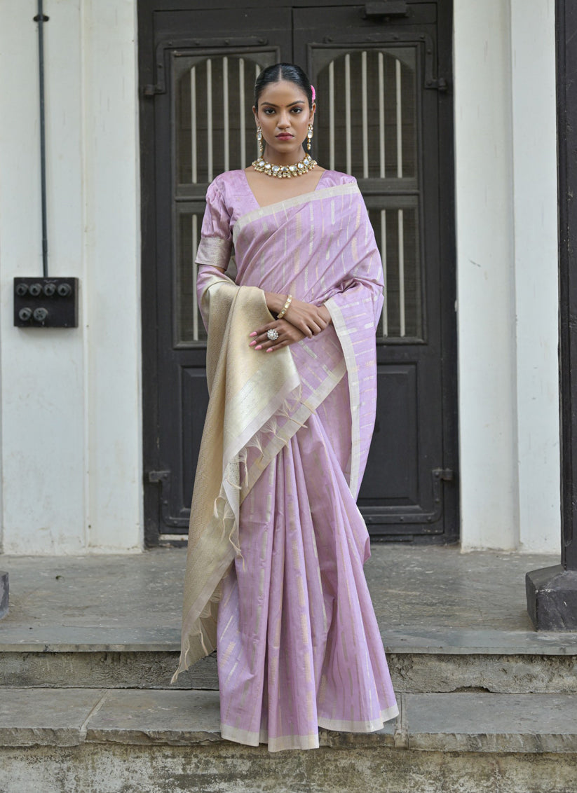 Lavender Tussar Silk Zari Woven Saree For Festival