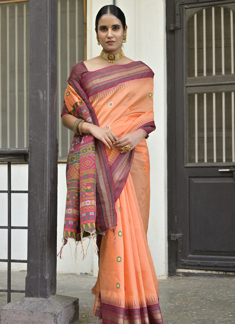 Orange Handloom Raw Silk Woven Saree For Festival