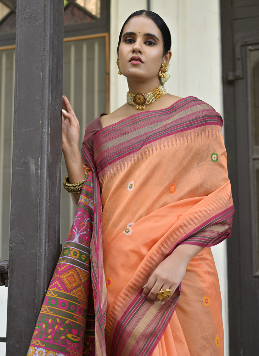 Orange Handloom Raw Silk Woven Saree For Festival