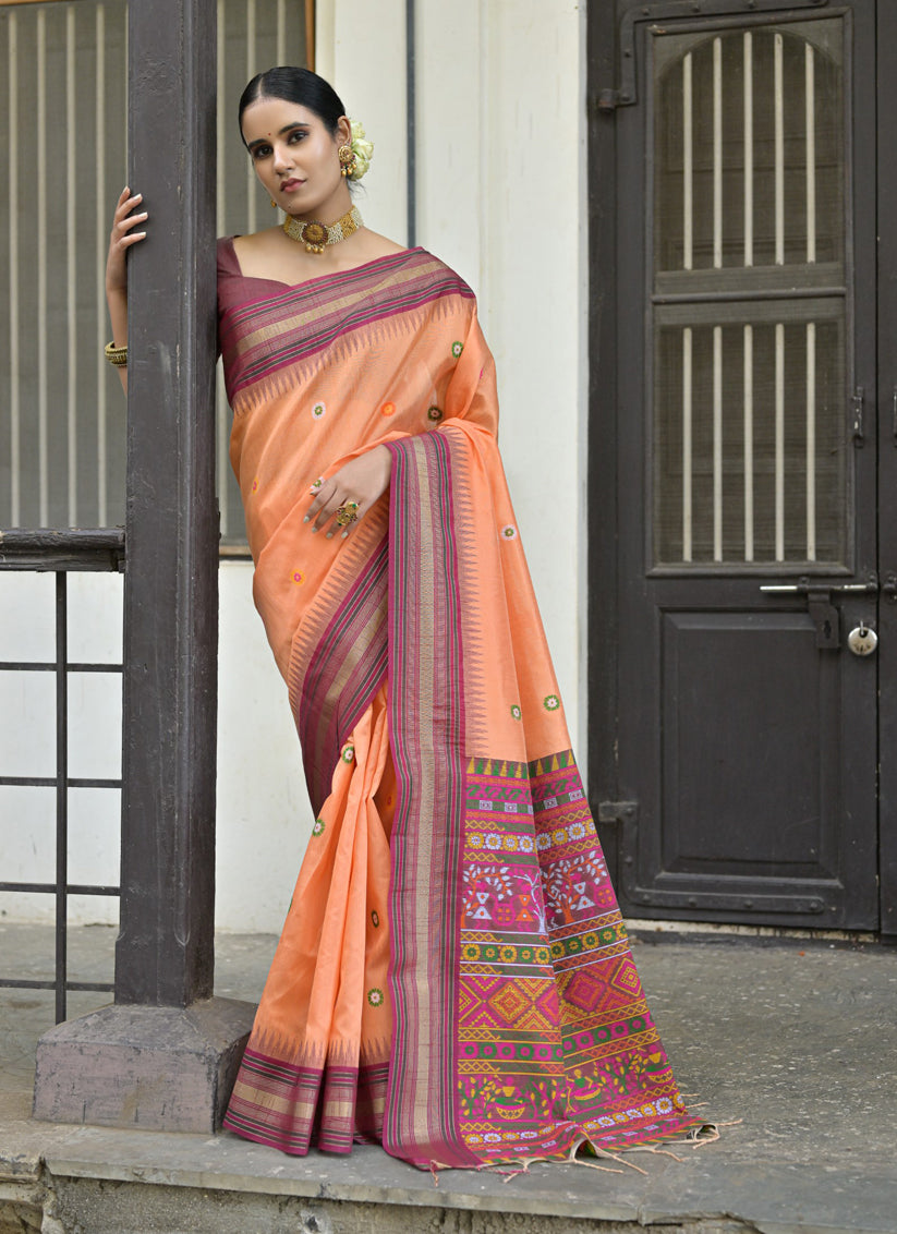 Orange Handloom Raw Silk Woven Saree For Festival