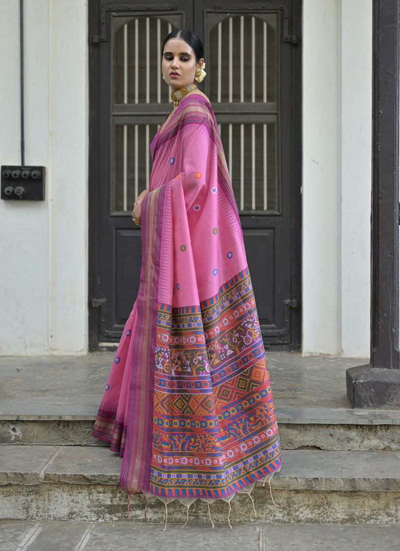 Pink Handloom Raw Silk Woven Saree For Festival