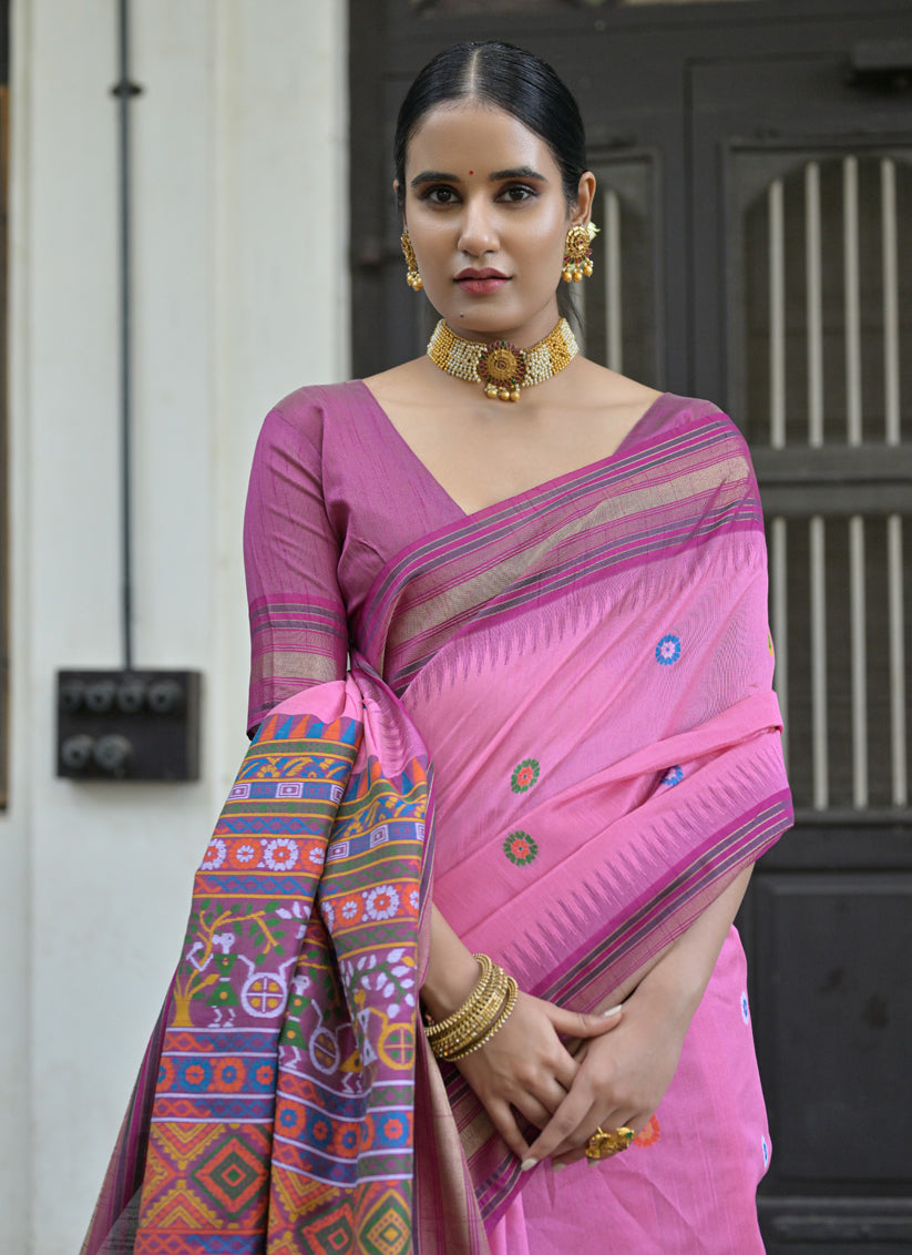 Pink Handloom Raw Silk Woven Saree For Festival