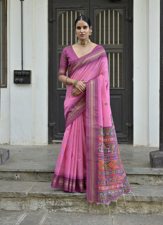 Pink Handloom Raw Silk Woven Saree For Festival