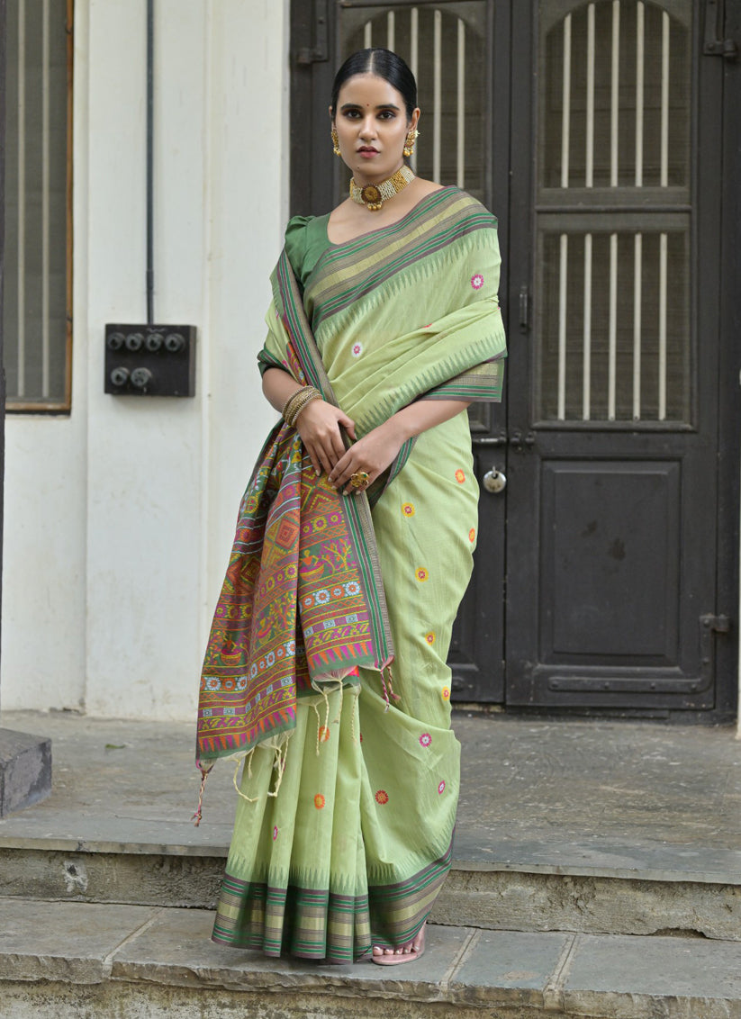 Pista Green Handloom Raw Silk Woven Saree For Festival