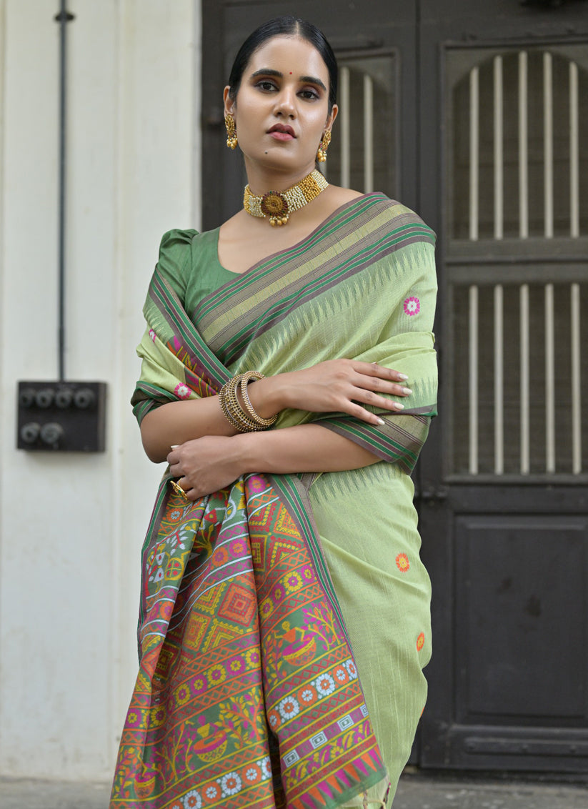 Pista Green Handloom Raw Silk Woven Saree For Festival