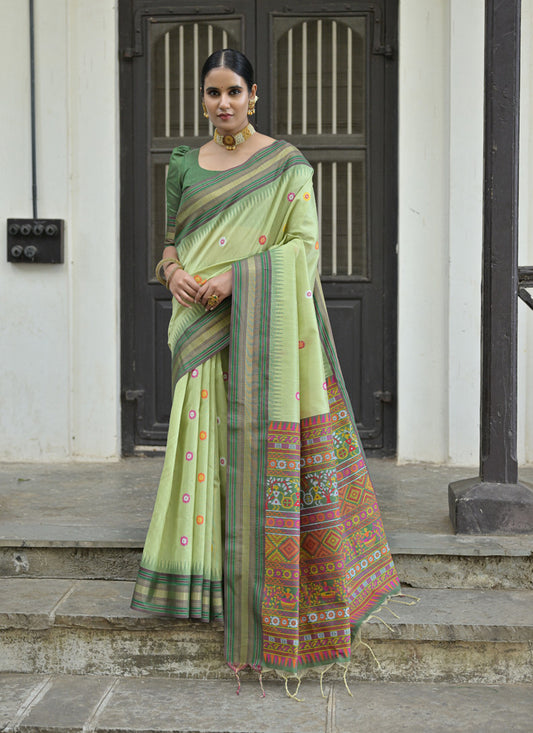 Pista Green Handloom Raw Silk Woven Saree For Festival