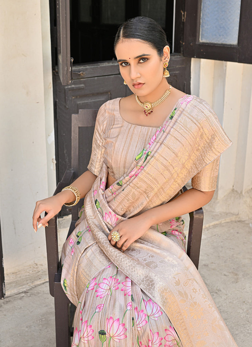 Beige Banarasi Silk Zari Woven Saree For Festival