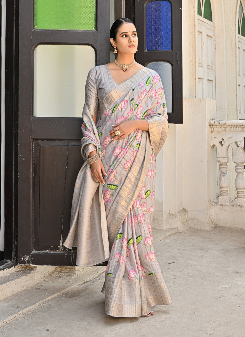 Grey Banarasi Silk Zari Woven Saree For Festival