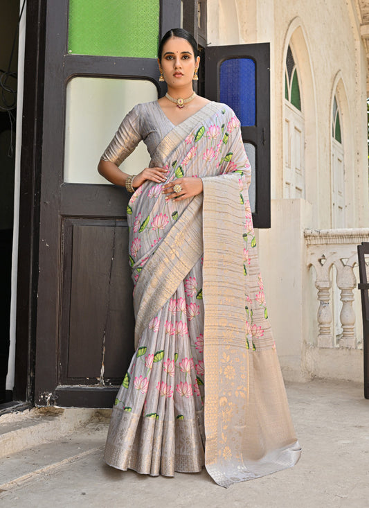 Grey Banarasi Silk Zari Woven Saree For Festival