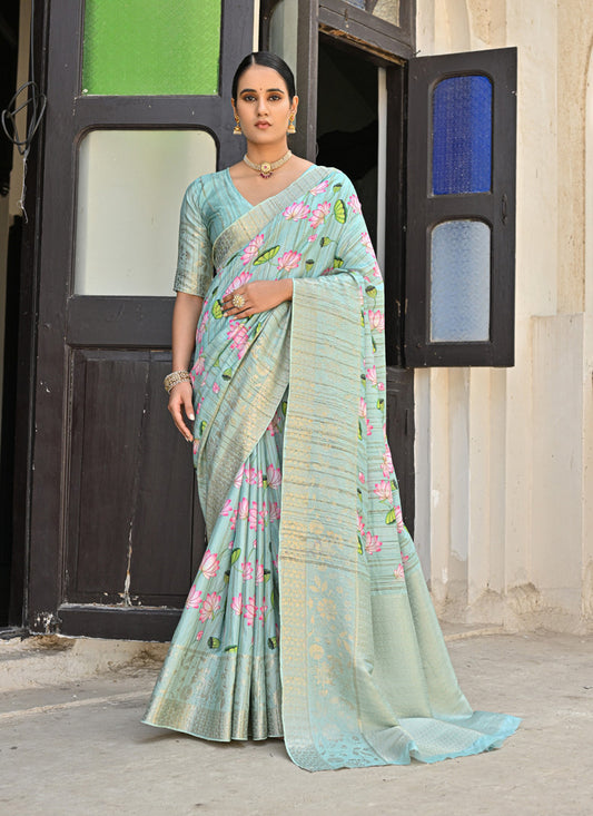 Sea Green Banarasi Silk Zari Woven Saree For Festival