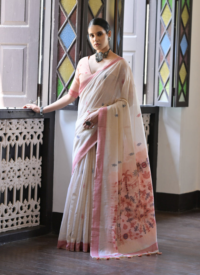 Ivory Cotton Ikkat Woven Saree For Festival