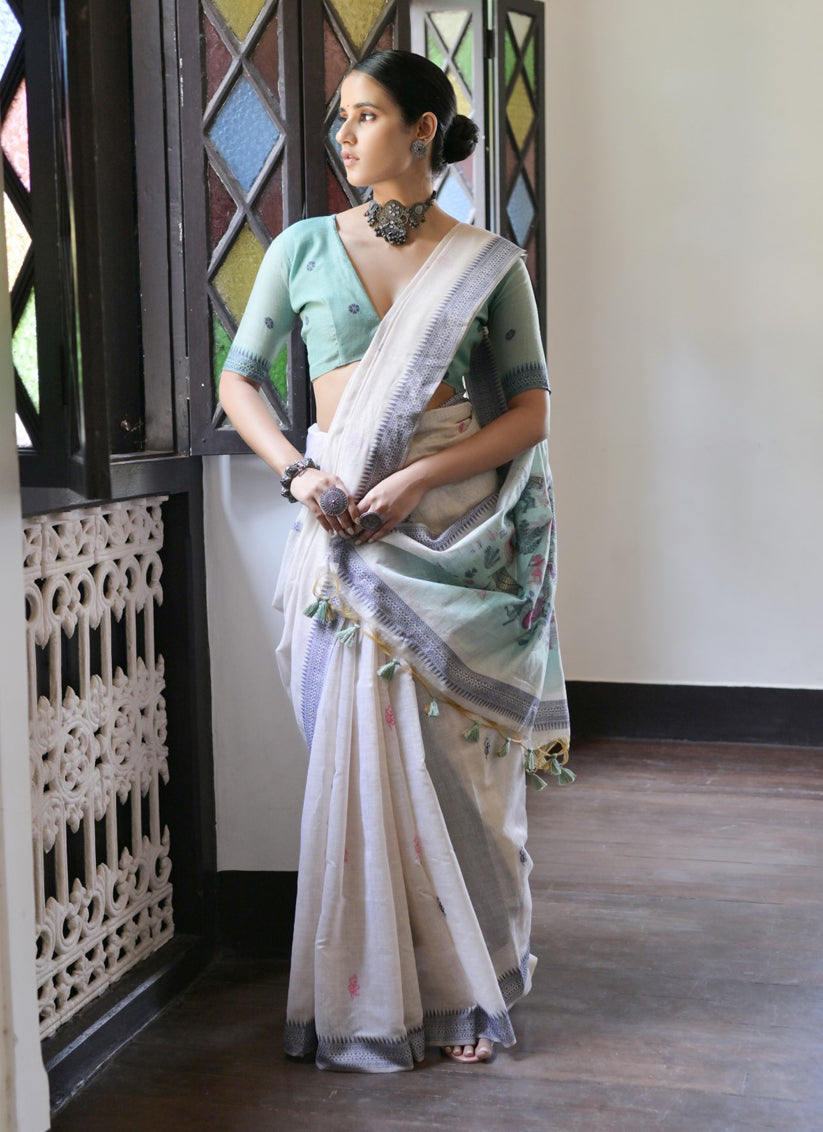 Ivory Cotton Ikkat Woven Saree For Festival